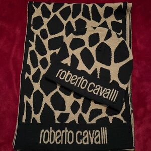 Roberto Cavalli Black and Tan Scarf and Beanie Set
